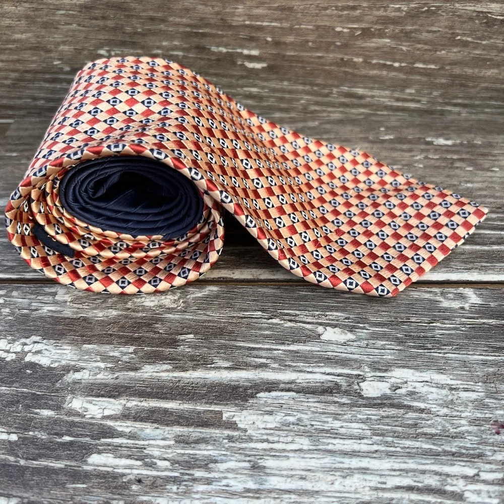 Tommy Hilfiger necktie vintage men’s tie peach blue squares‎ pattern print silk